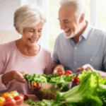 Older couple looking at fruits and vegetables. 